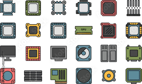 Computer components outline icon set hardware and peripherals illustration