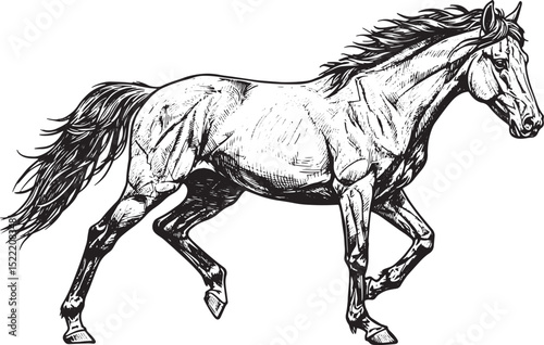 Monochrome depiction of a horse in motion with detailed line wor