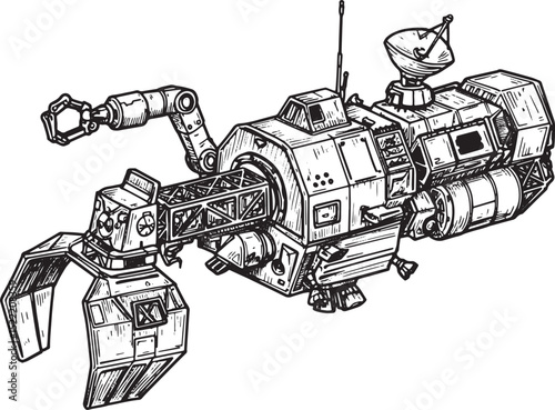 Innovative Spacecraft for Debris Capture, Woodcut Style Black an