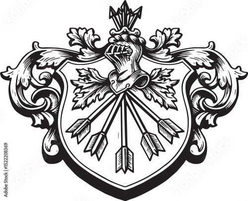 Ornate Heraldic Shield with Arrows and Helmet in a Vintage Woodc