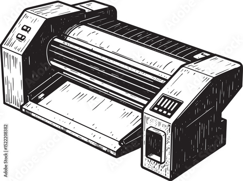 Detailed Black and White Illustration of an Old Printing Press E