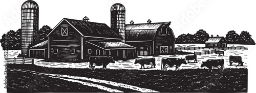 Serene Rural Landscape: Black and White Woodcut of a Picturesque