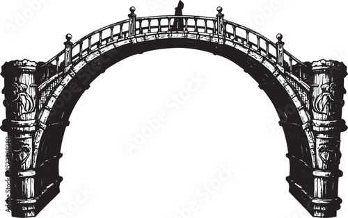 Mystical Bridge Woodcut Illustration: Ornate Structure, Cloaked