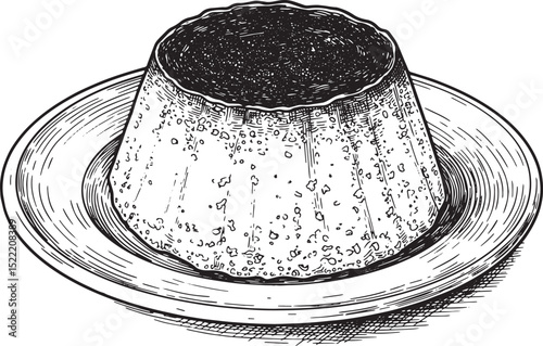 Elegant custard dessert illustration, detailed woodcut drawing o