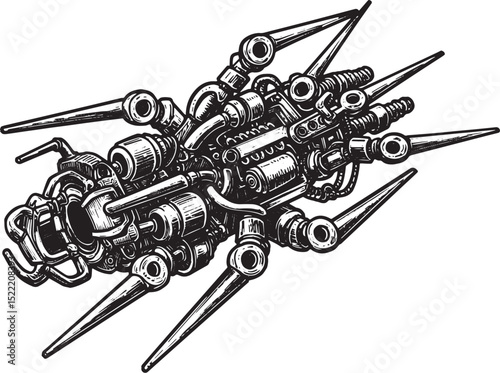 Detailed Woodcut Illustration of a Black and White Nanobot Conce