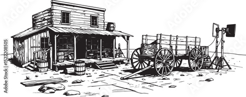 Detailed vintage wild west movie set illustration, black and whi