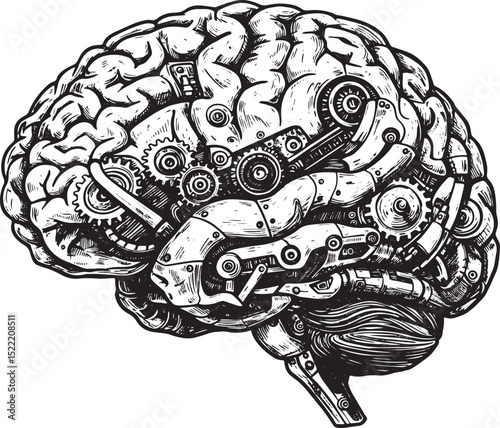 Intricate Mechanical Brain Illustration, Conceptualizing Artific