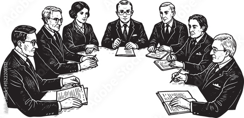Formal business meeting illustration in black and white woodcut