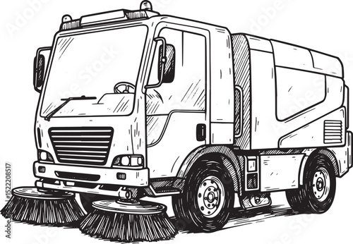 Detailed monochrome drawing of a street sweeper truck for cleanl