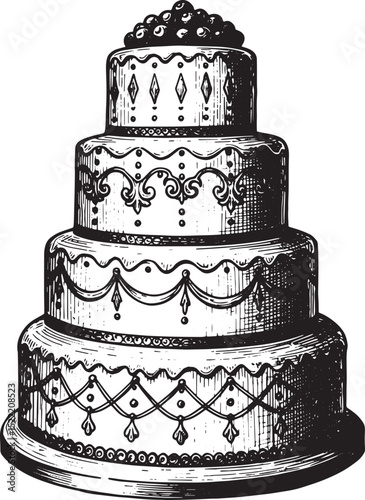 Vintage four-tier cake with intricate decorations, a black and w