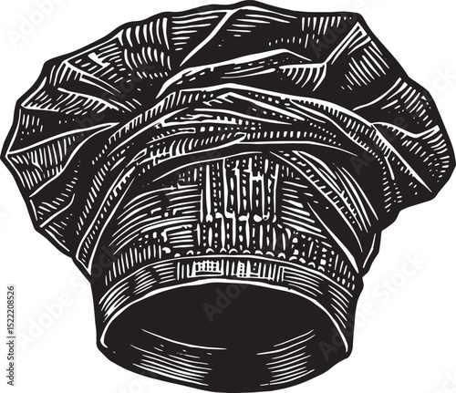 Monochrome illustration of culinary hat with intricate woodcut s