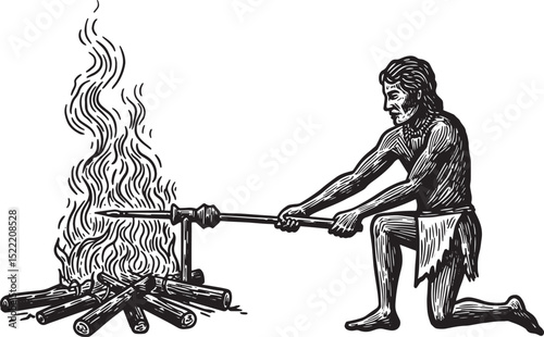 Monochrome Woodcut Illustration: Ancient Man Initiating Fire wit