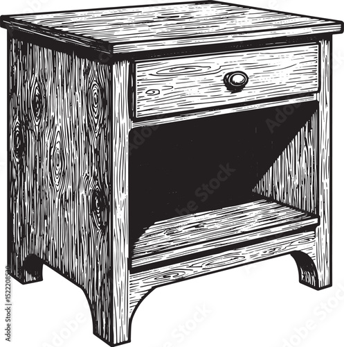 Detailed Woodcut Illustration of a Vintage Wooden Nightstand wit