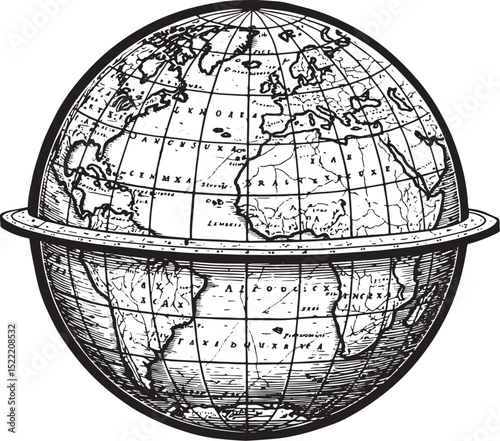 Vintage World Map Globe Illustration in Black and White Woodcut