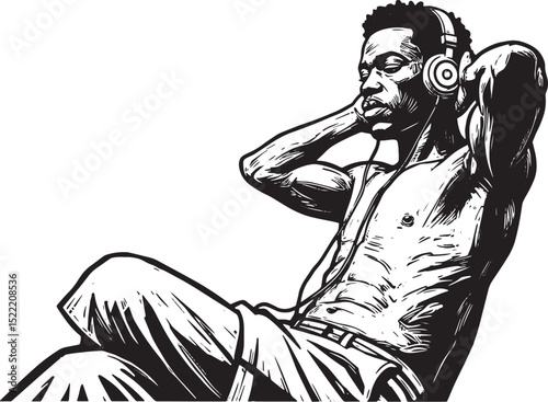 Woodcut Illustration of a Relaxed Person Enjoying Music with Hea