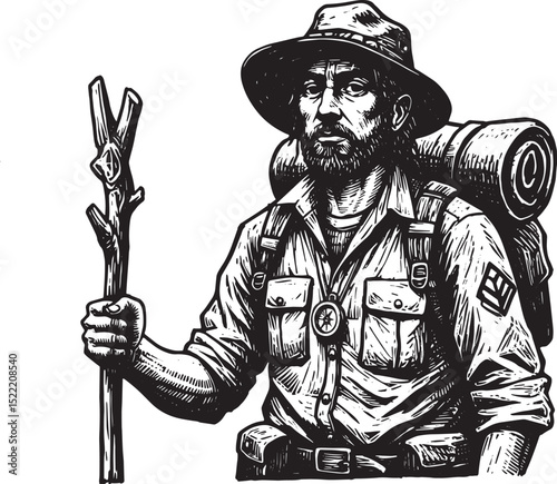 Monochrome depiction of a wilderness explorer in detailed woodcu