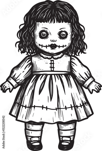 Creepy cursed doll illustration, haunting vintage toy with stitc