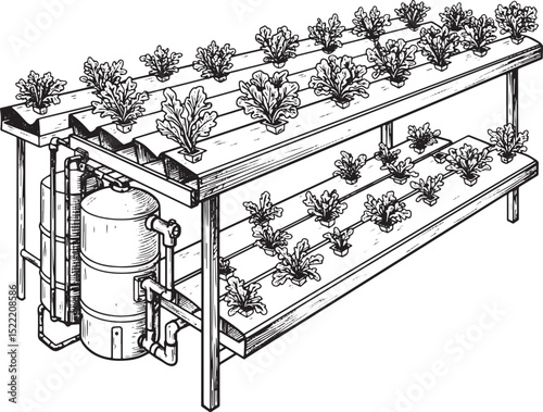 Black and white line illustration of a two-tiered hydroponic sys