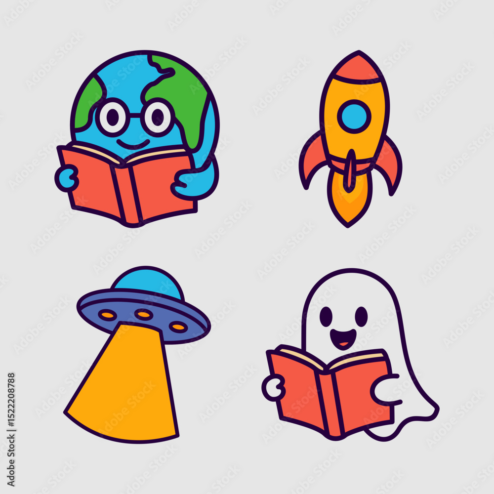 Obraz premium Cartoon Fun Education Mascot Icons. Fun Learning Characters, Book, Robot, Rocket, VR, Earth, Owl,Bag