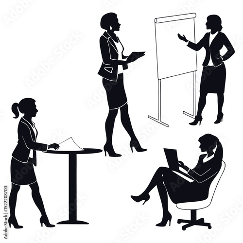 Silhouette vector illustration of business people working at a table in an office