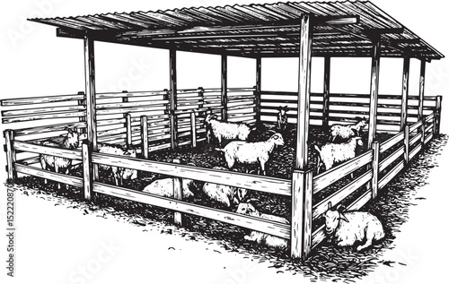 Detailed monochrome illustration of goats in wooden enclosure un