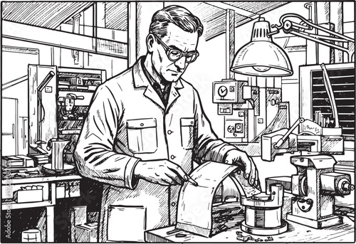 Retro Production Worker Inspecting Parts in Monochrome Woodcut S