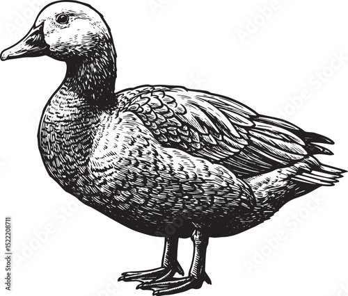 Detailed Woodcut Illustration of a Graceful Goose in Black and W