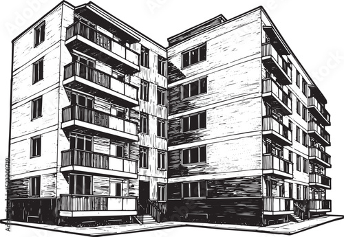 Monochrome Architectural Illustration of a Modern Urban Apartmen