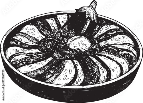 Hand-drawn ratatouille illustration, showing vibrant aubergine,