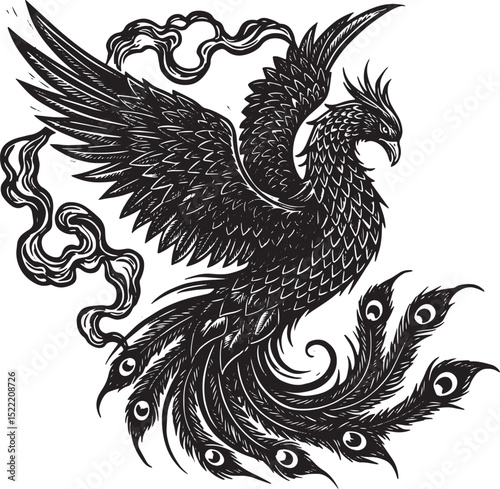 Majestic Phoenix Rising: Detailed Woodcut Illustration in Black