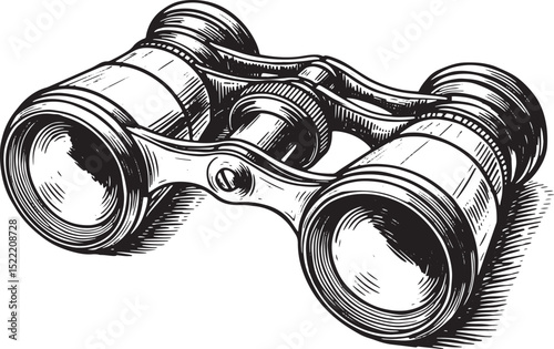 Elegant woodcut style illustration featuring vintage opera glass