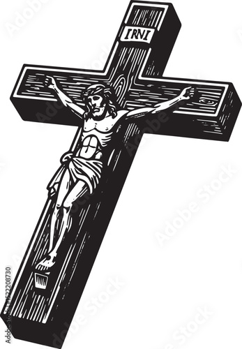 Classic representation of the crucifixion in an iconic woodcut b
