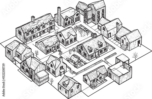 Monochrome Housing Estate Illustration, Architectural Overview o