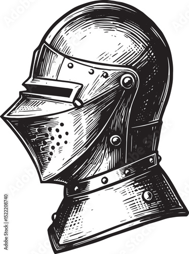 Monochrome Woodcut Illustration of Medieval Knight Helmet Armor