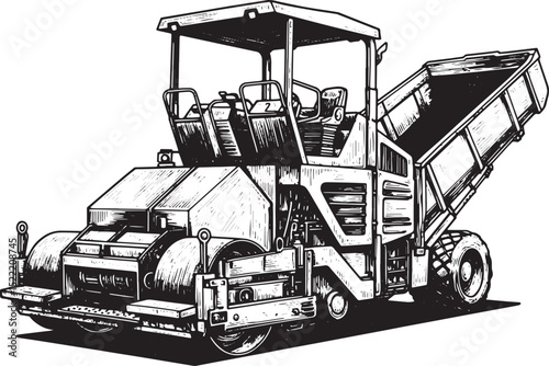 Intricate Woodcut Illustration of a Heavy Duty Asphalt Paving Ma
