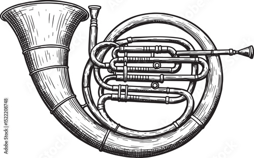 Detailed woodcut style illustration of a huntsman's horn musical