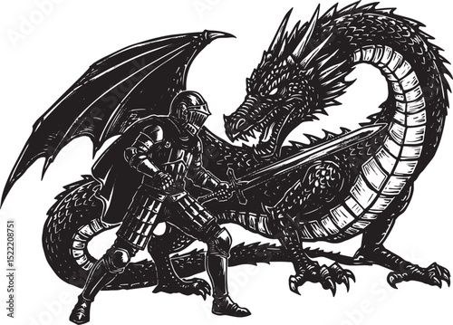 Monochrome woodcut depicting a medieval knight confronting a for
