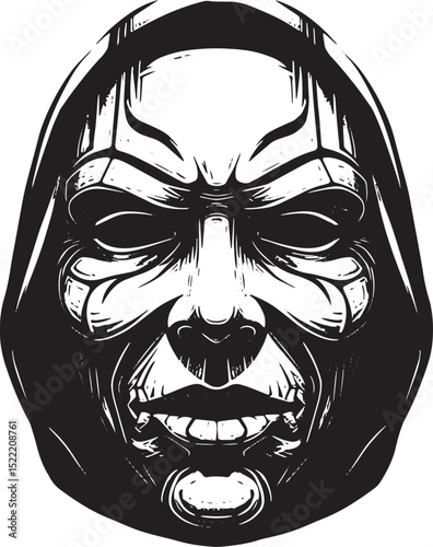 Intricate Woodcut Illustration of a Hacker Mask with Shadows and