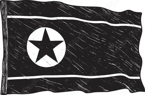 North Korea Flag in Woodcut Style Black and White Illustrastion
