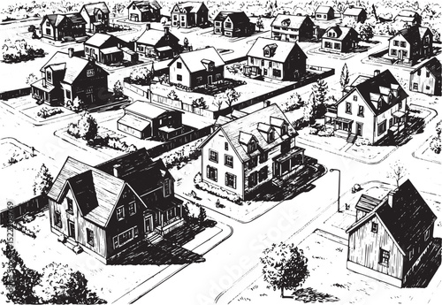 Monochrome woodcut illustration showcasing suburban homes and se