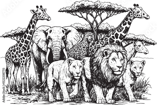Detailed black and white illustration of savanna animals under t