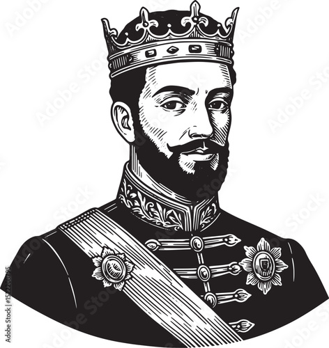 Elegant monochrome portrait of a royal figure in traditional reg