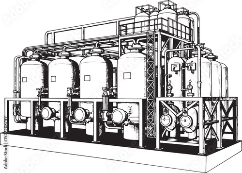 Detailed Woodcut Illustration of Cryogenic Storage System with T