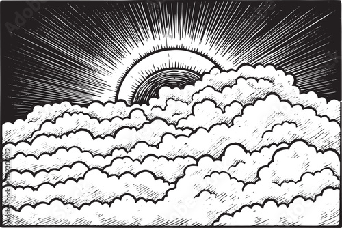 Dramatic woodcut: Sunburst over a sea of fluffy cumulus clouds i