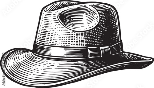 Vintage Trilby Hat Illustration in Detailed Woodcut Style Black