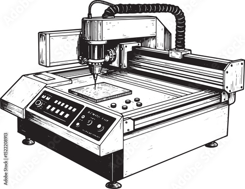 Detailed etching machine monochrome illustration, sophisticated