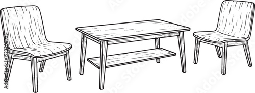 Elegant woodcut illustration of a coffee table and two chairs is