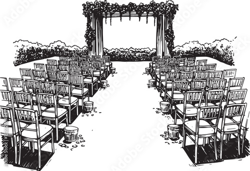 Serene Black and White Woodcut Illustration of Wedding Ceremony