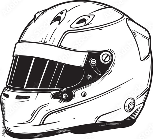 Detailed Illustration of a Racing Helmet: Black and White Woodcu