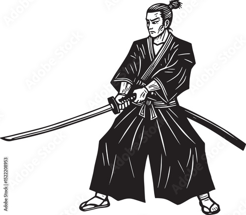 Monochrome woodcut illustration of a warrior wielding a katana w